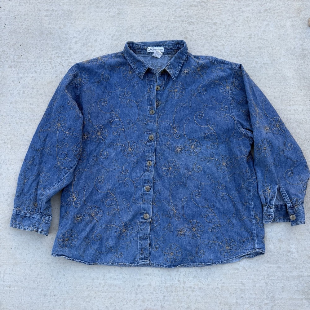 Vintage Dressbarn Denim Shirt Jacket Floral Embroidery Button Up Size 3X Western